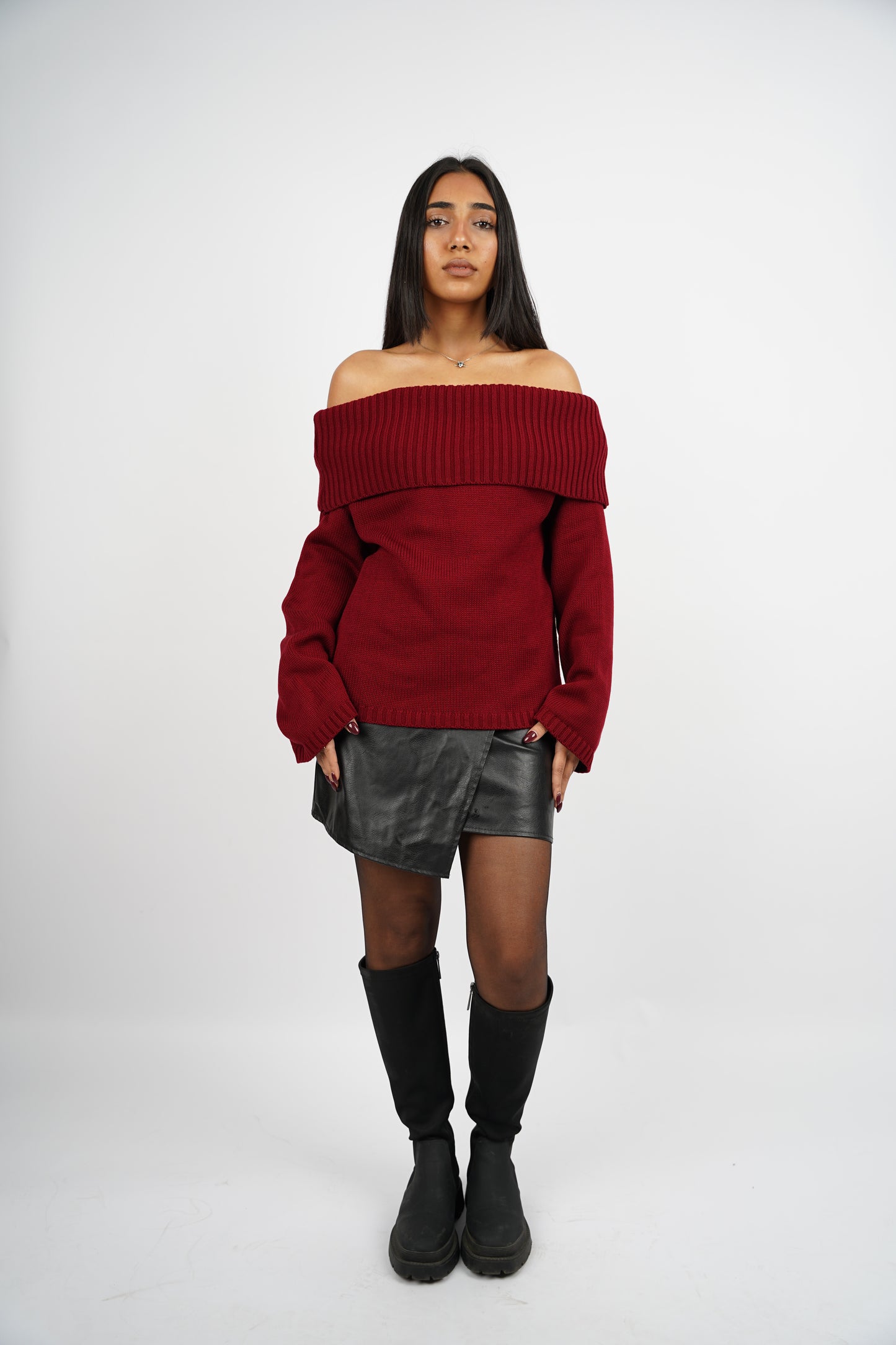 Burgundy Off-Shoulder Knitted Pullover