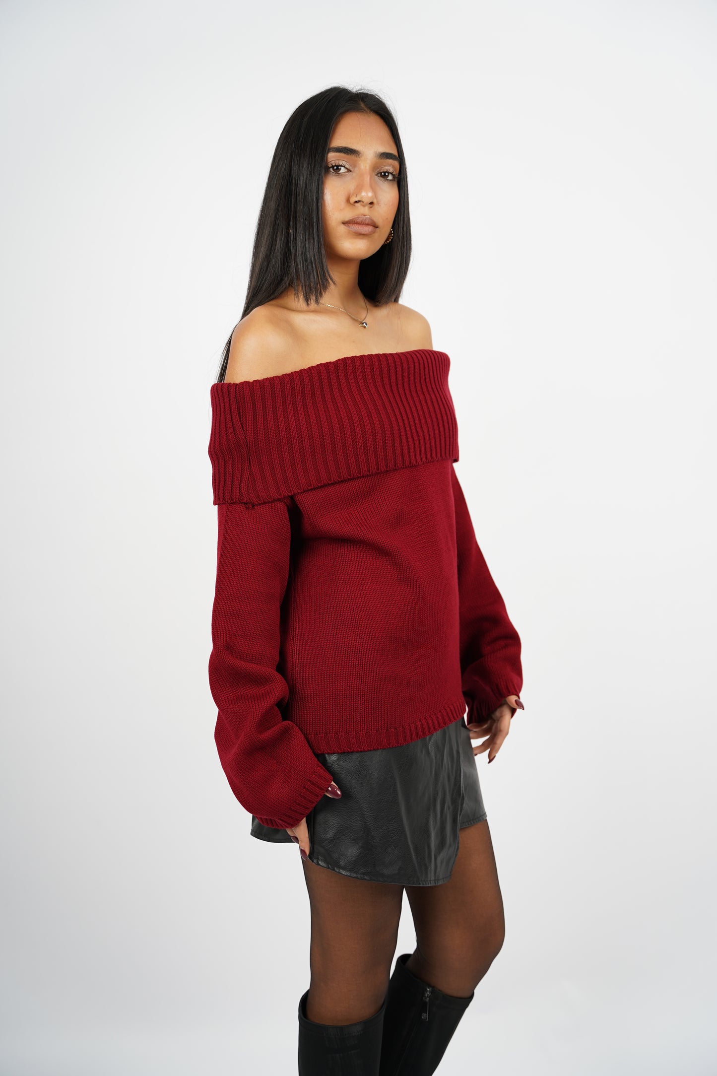 Burgundy Off-Shoulder Knitted Pullover