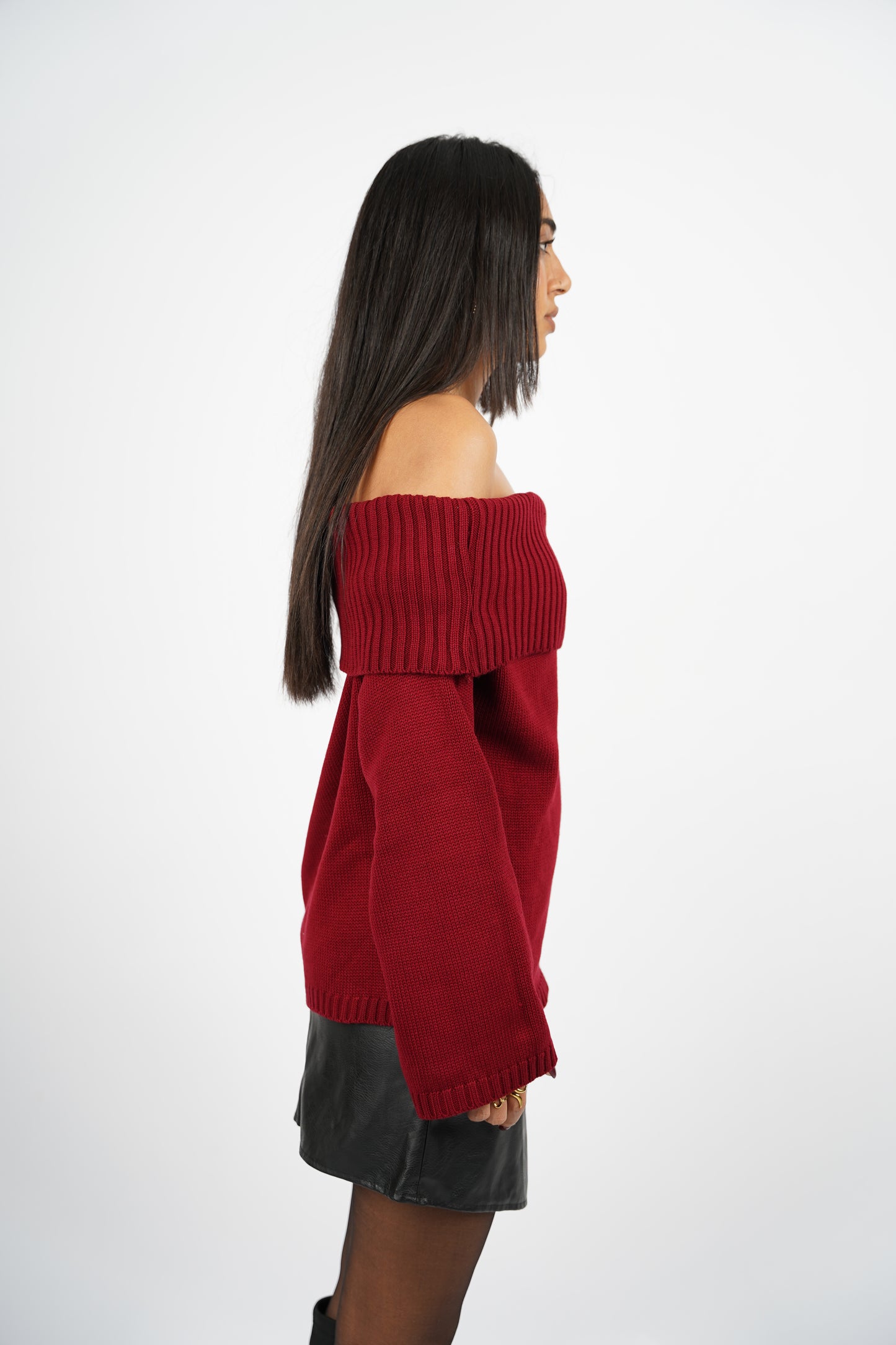 Burgundy Off-Shoulder Knitted Pullover