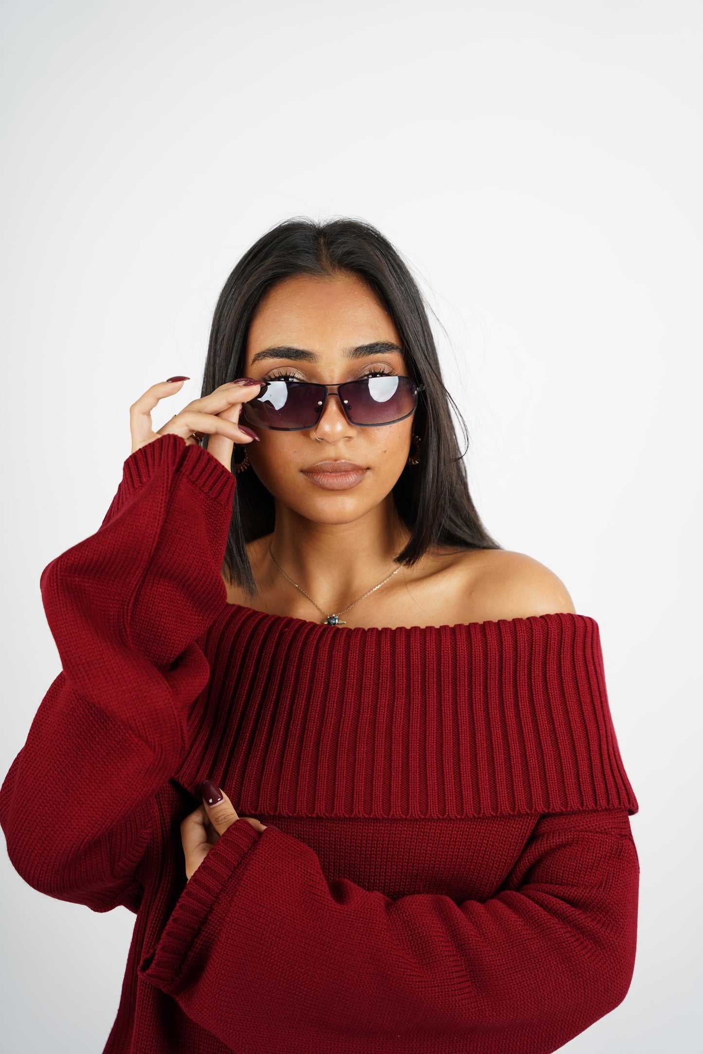 Burgundy Off-Shoulder Knitted Pullover