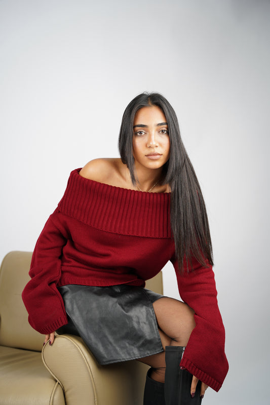 Burgundy Off-Shoulder Knitted Pullover