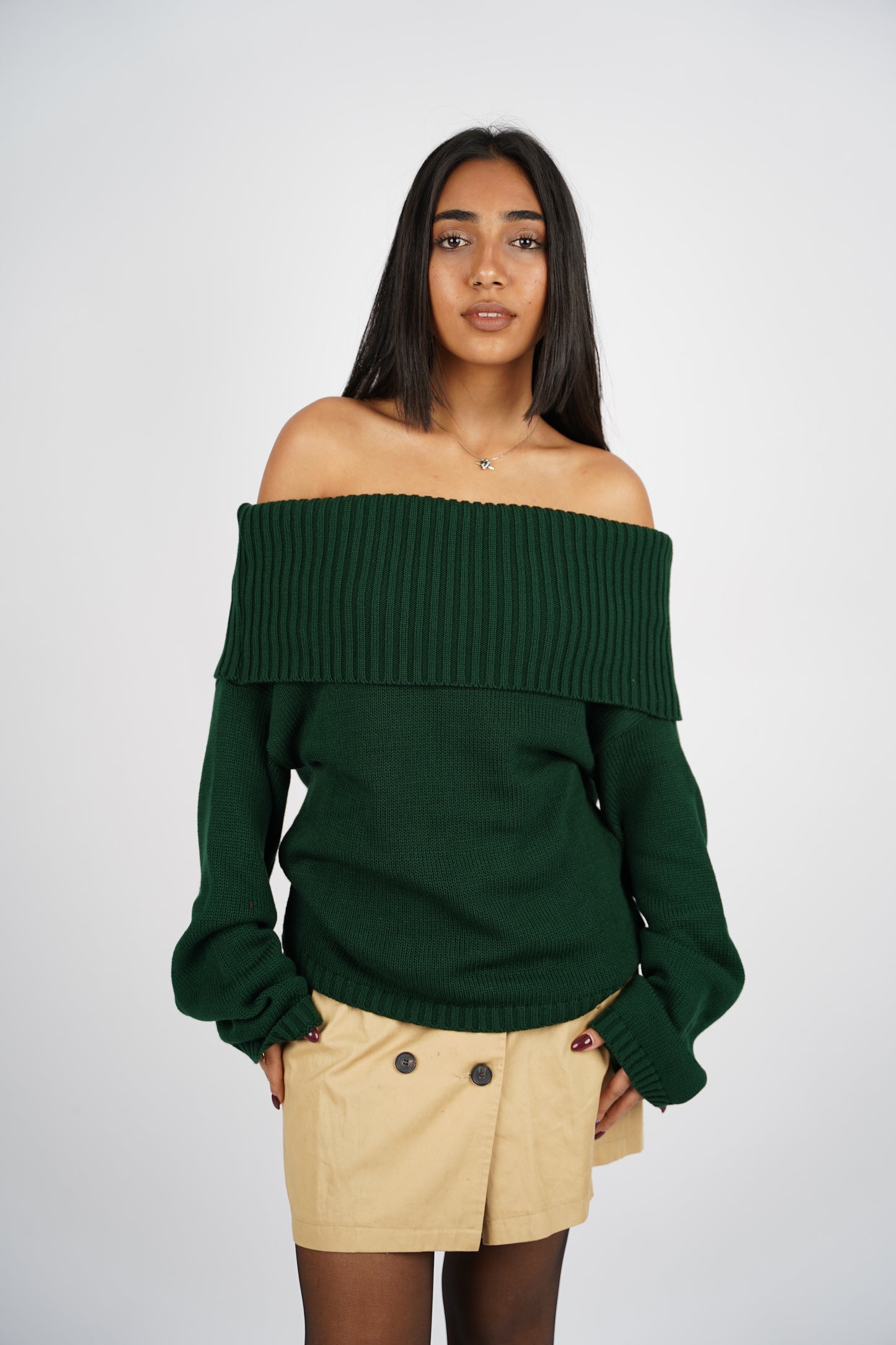 Hunter Green Off-Shoulder Knitted Pullover