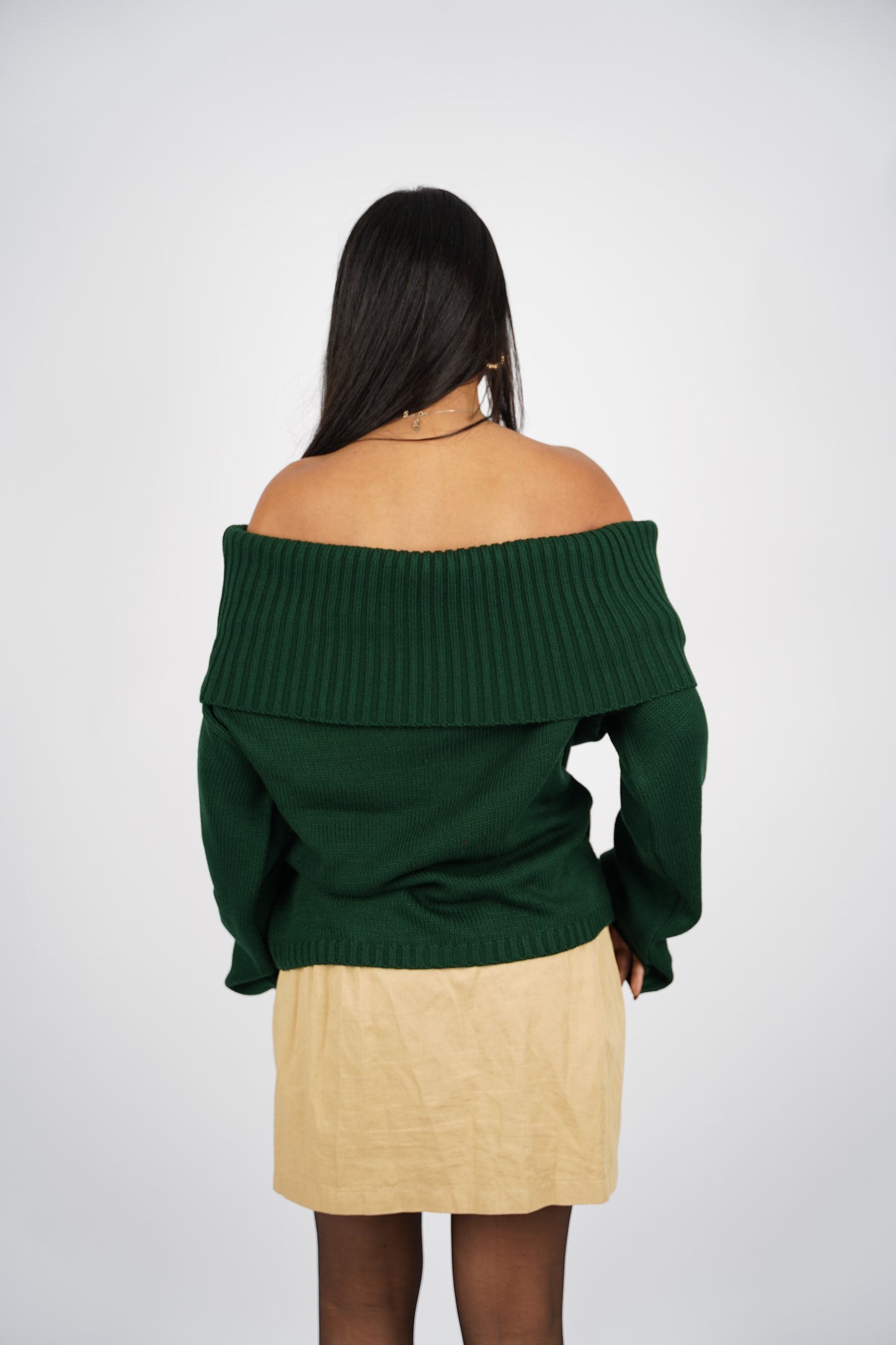 Hunter Green Off-Shoulder Knitted Pullover