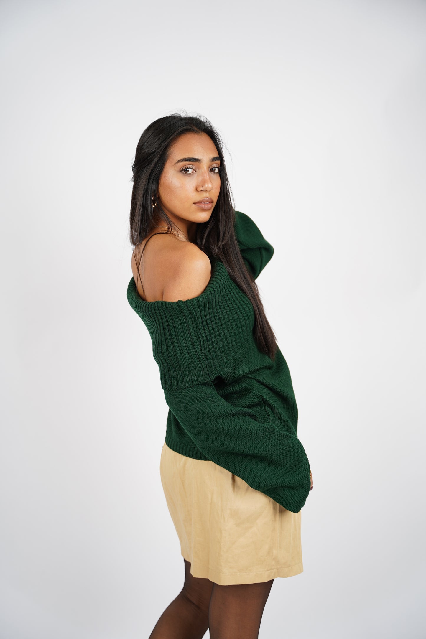 Hunter Green Off-Shoulder Knitted Pullover