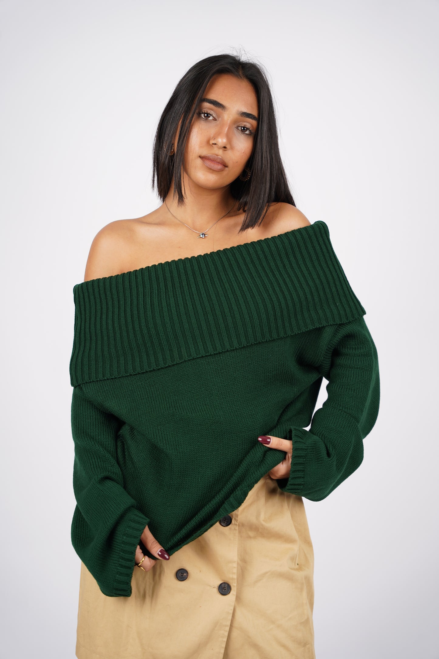 Hunter Green Off-Shoulder Knitted Pullover