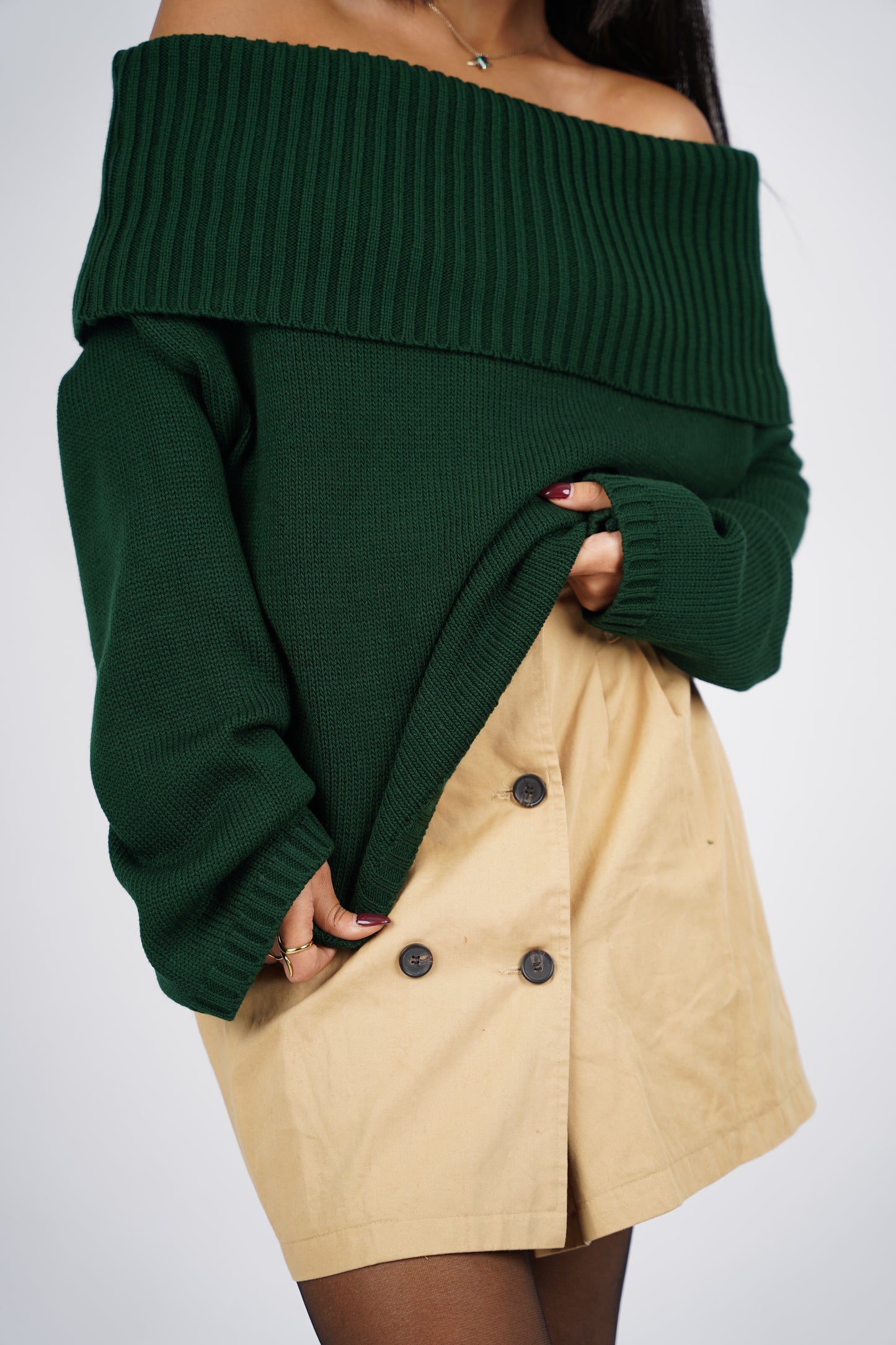 Hunter Green Off-Shoulder Knitted Pullover