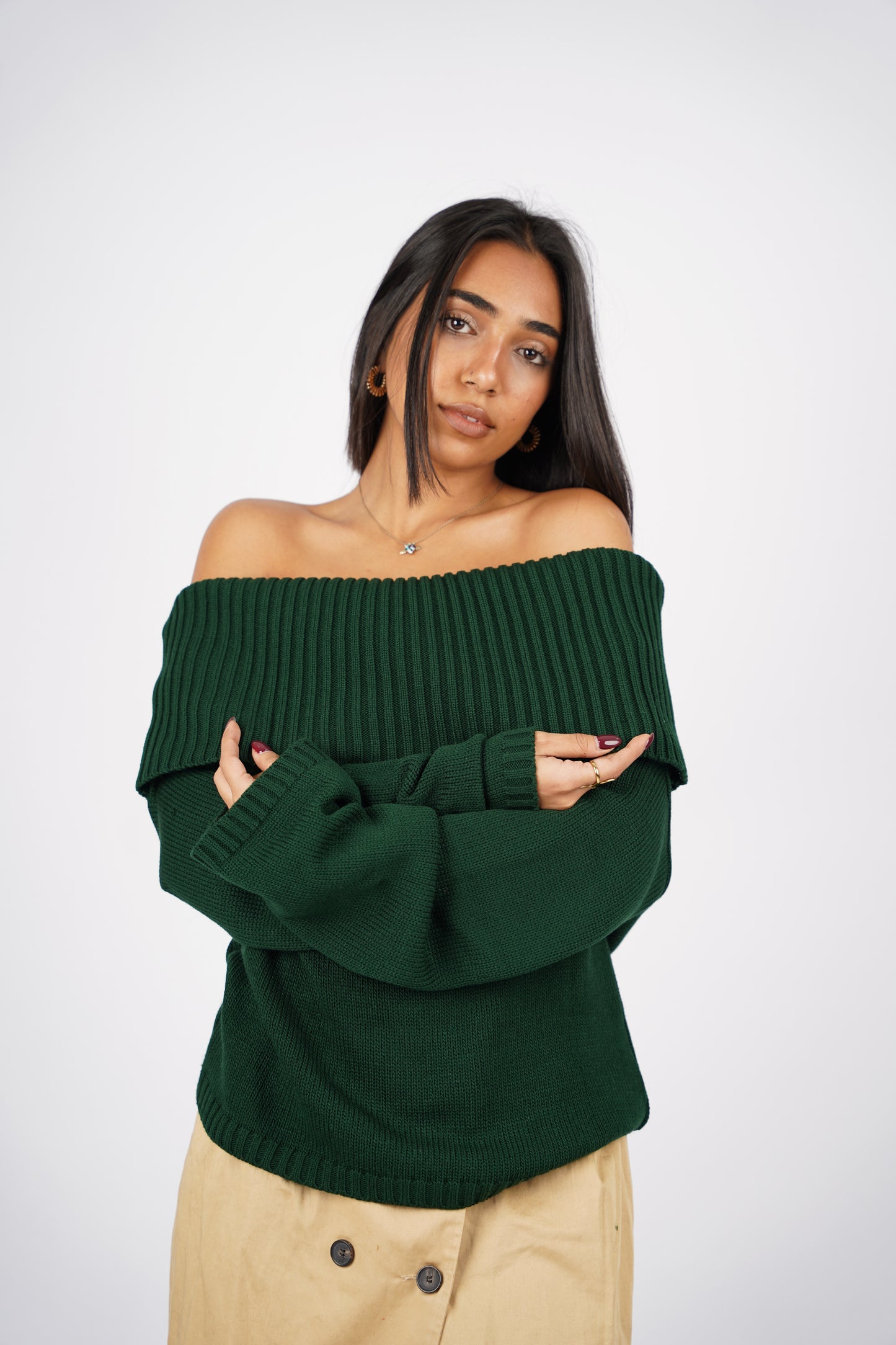 Hunter Green Off-Shoulder Knitted Pullover