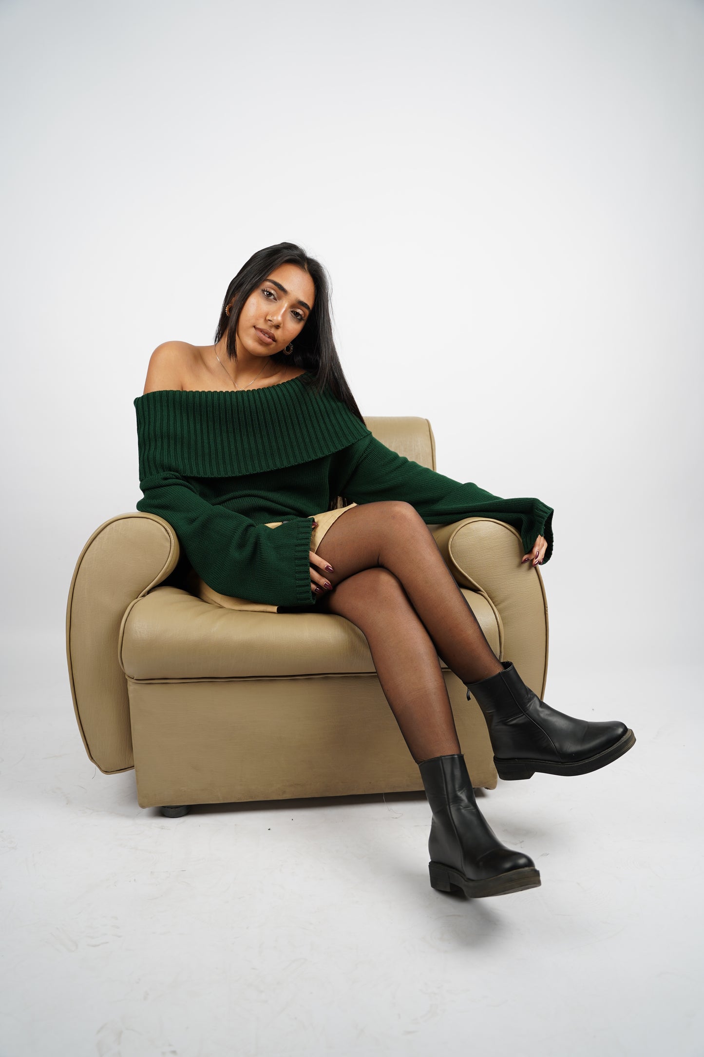 Hunter Green Off-Shoulder Knitted Pullover