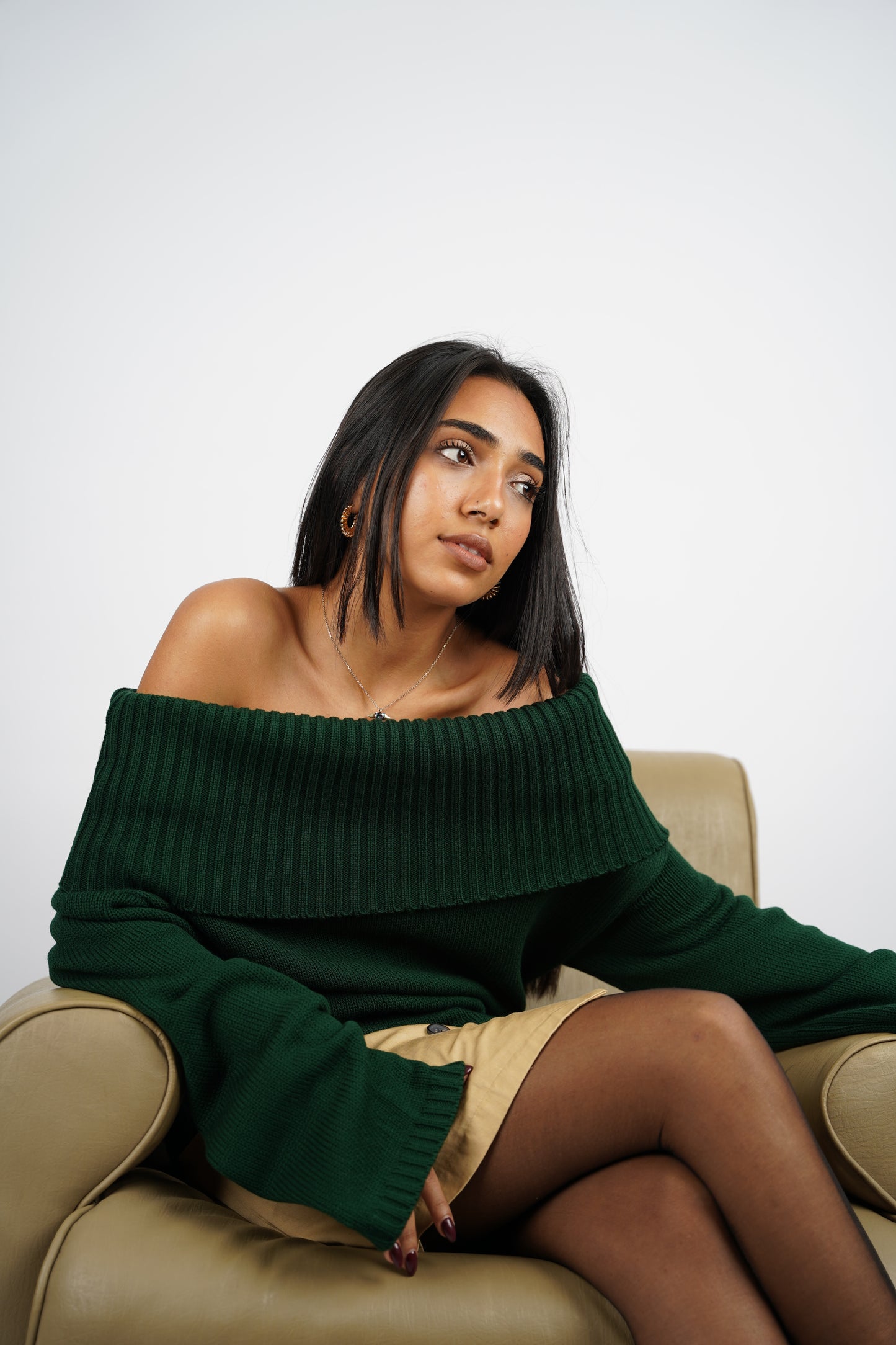 Hunter Green Off-Shoulder Knitted Pullover