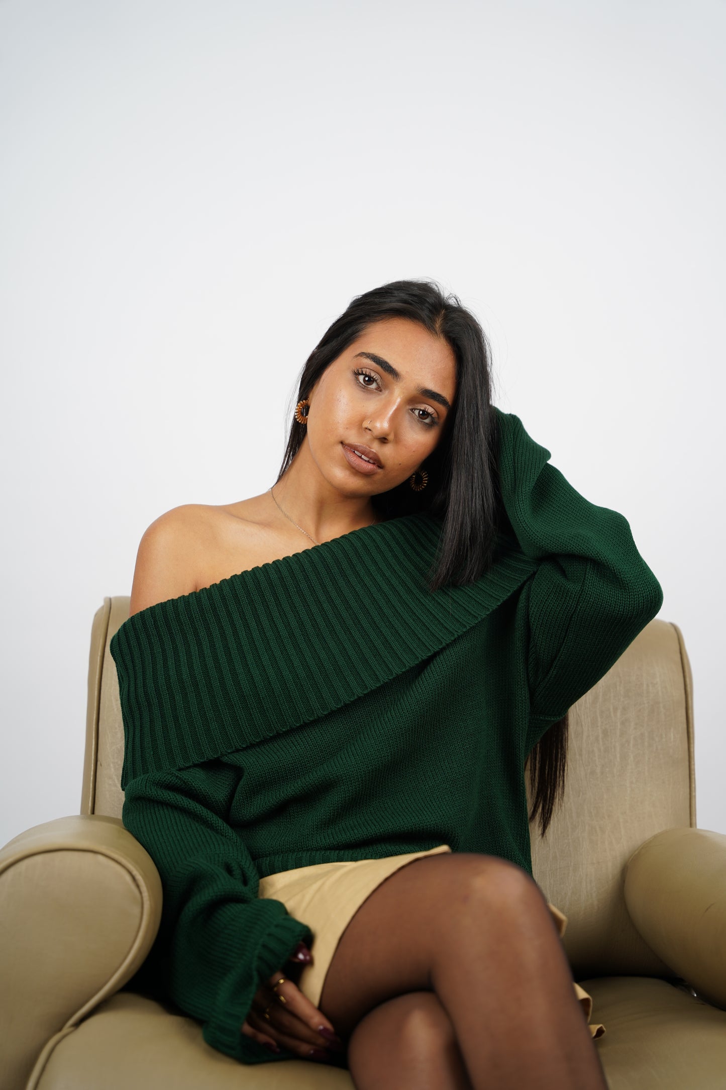 Hunter Green Off-Shoulder Knitted Pullover