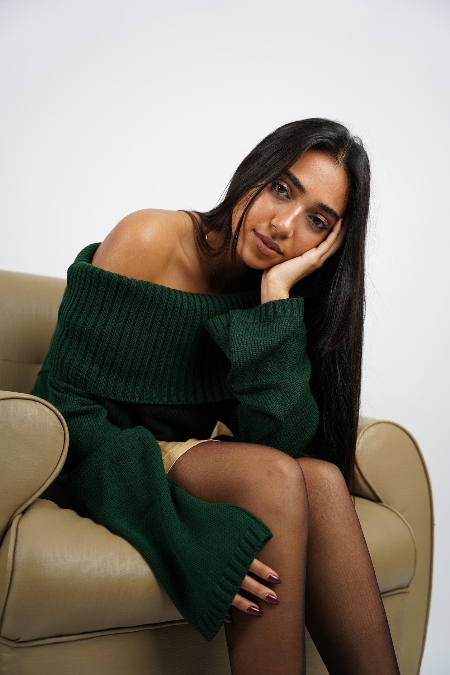 Hunter Green Off-Shoulder Knitted Pullover