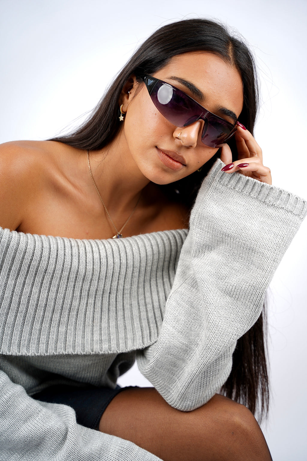 Grey Off-Shoulder Knitted Pullover