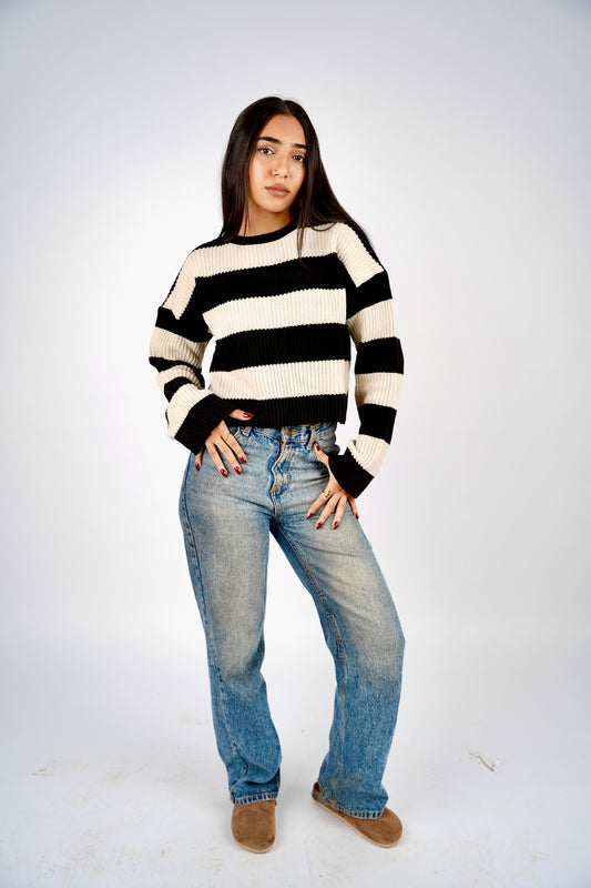 Timeless Stripe Knitted Pullover (Black & Beige)