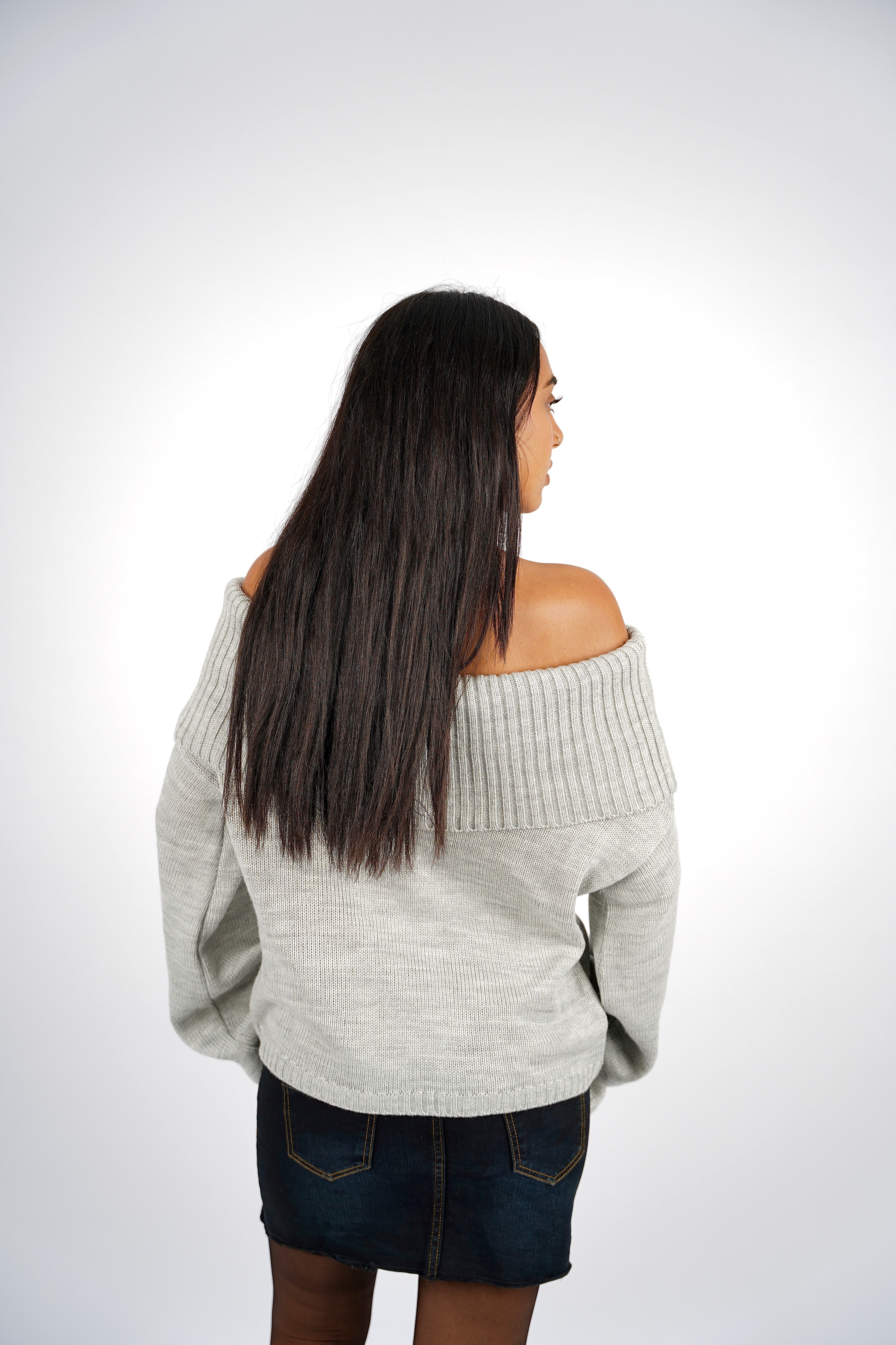 Grey Off-Shoulder Knitted Pullover