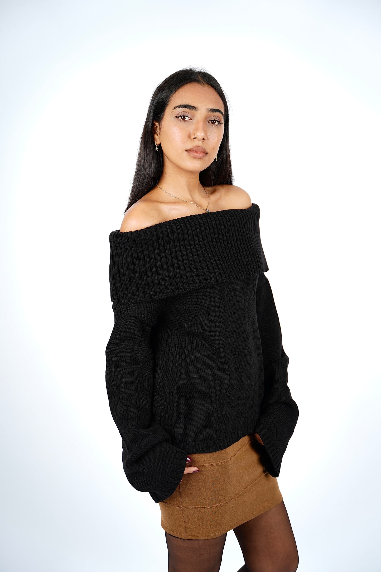 Black Off-Shoulder Knitted Pullover