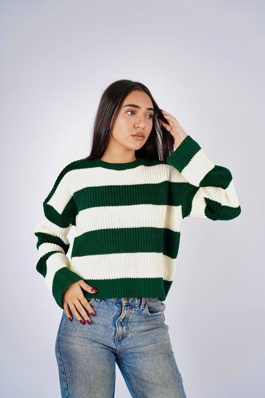 Timeless Stripe Knitted Pullover (Green & White)