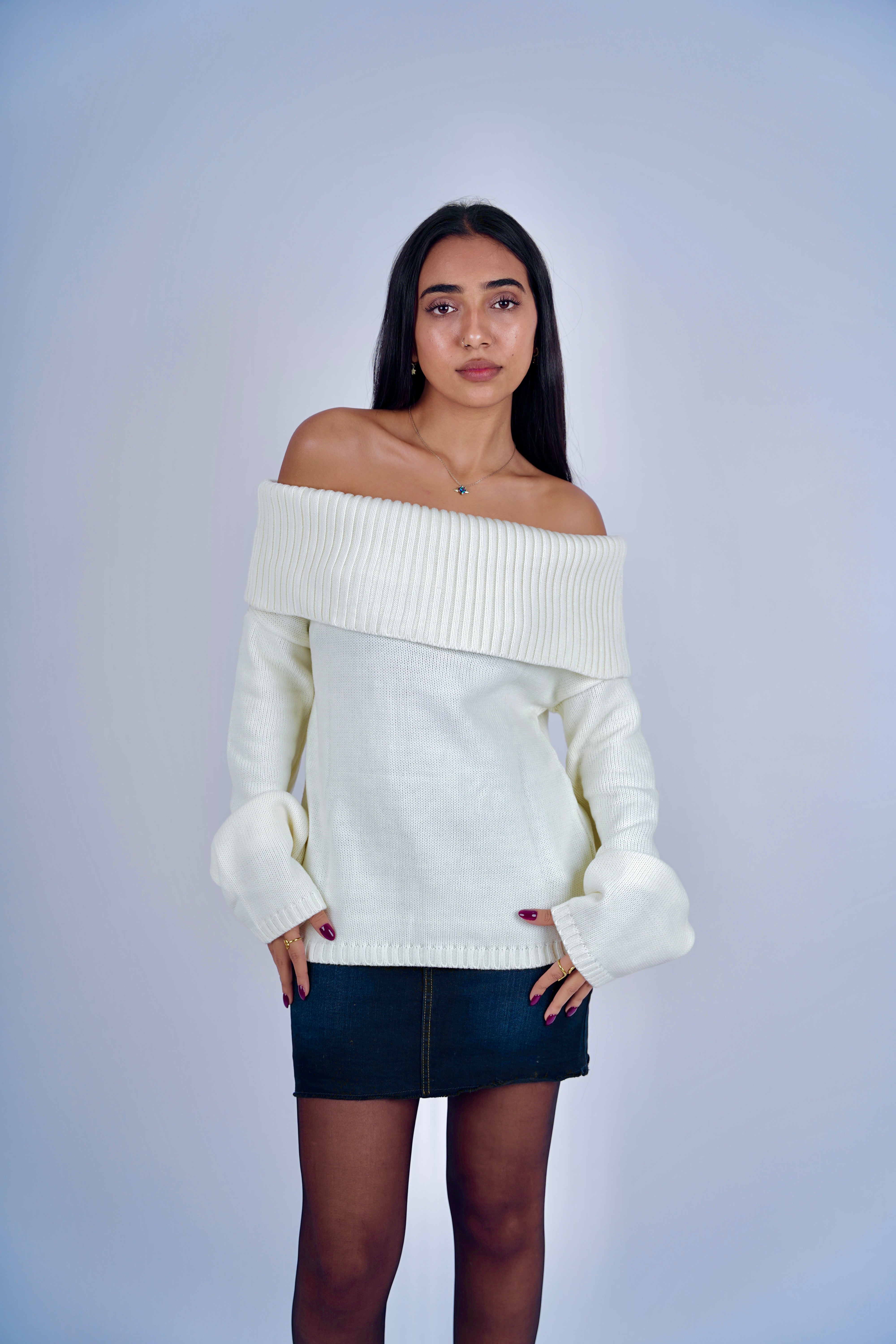 Cream Off-Shoulder Knitted Pullover