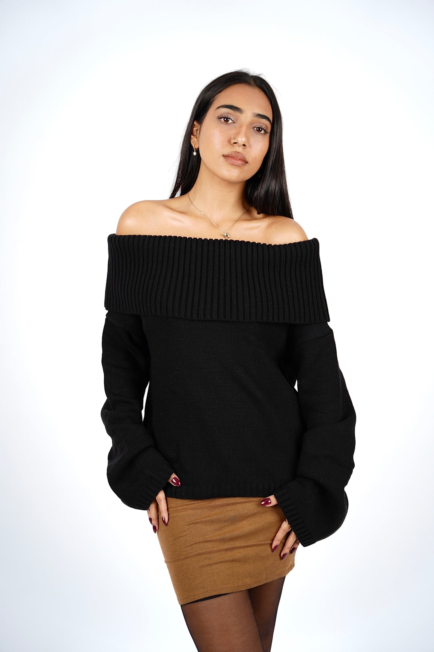 Black Off-Shoulder Knitted Pullover