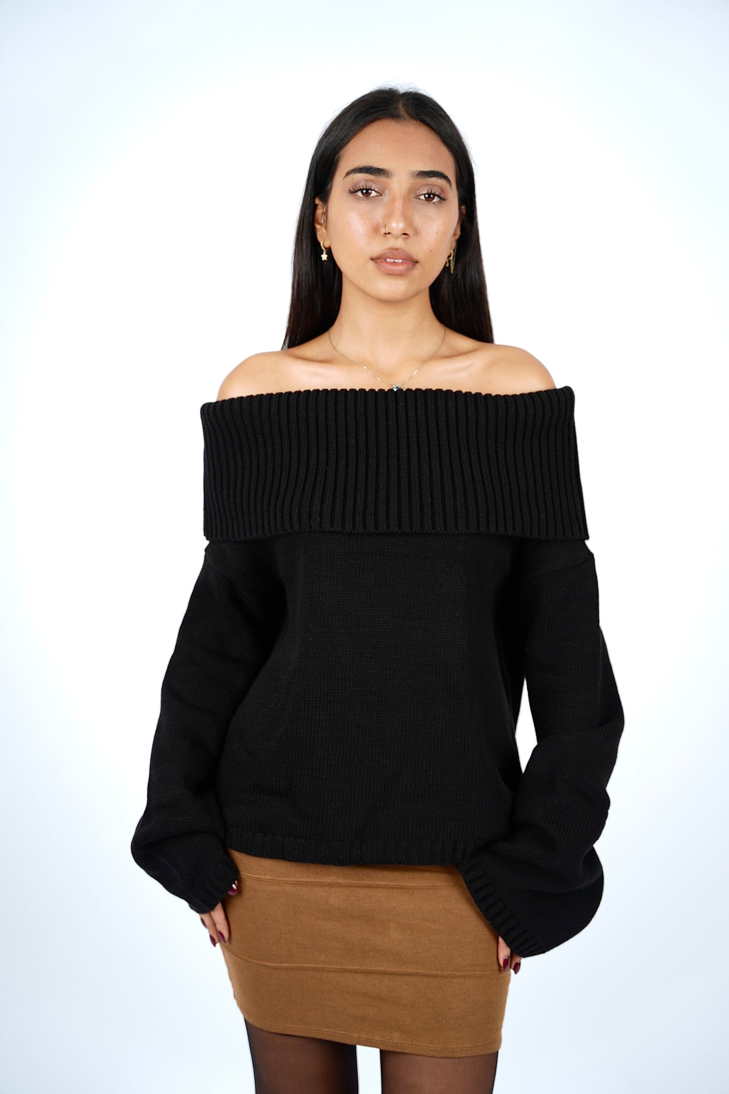 Black Off-Shoulder Knitted Pullover