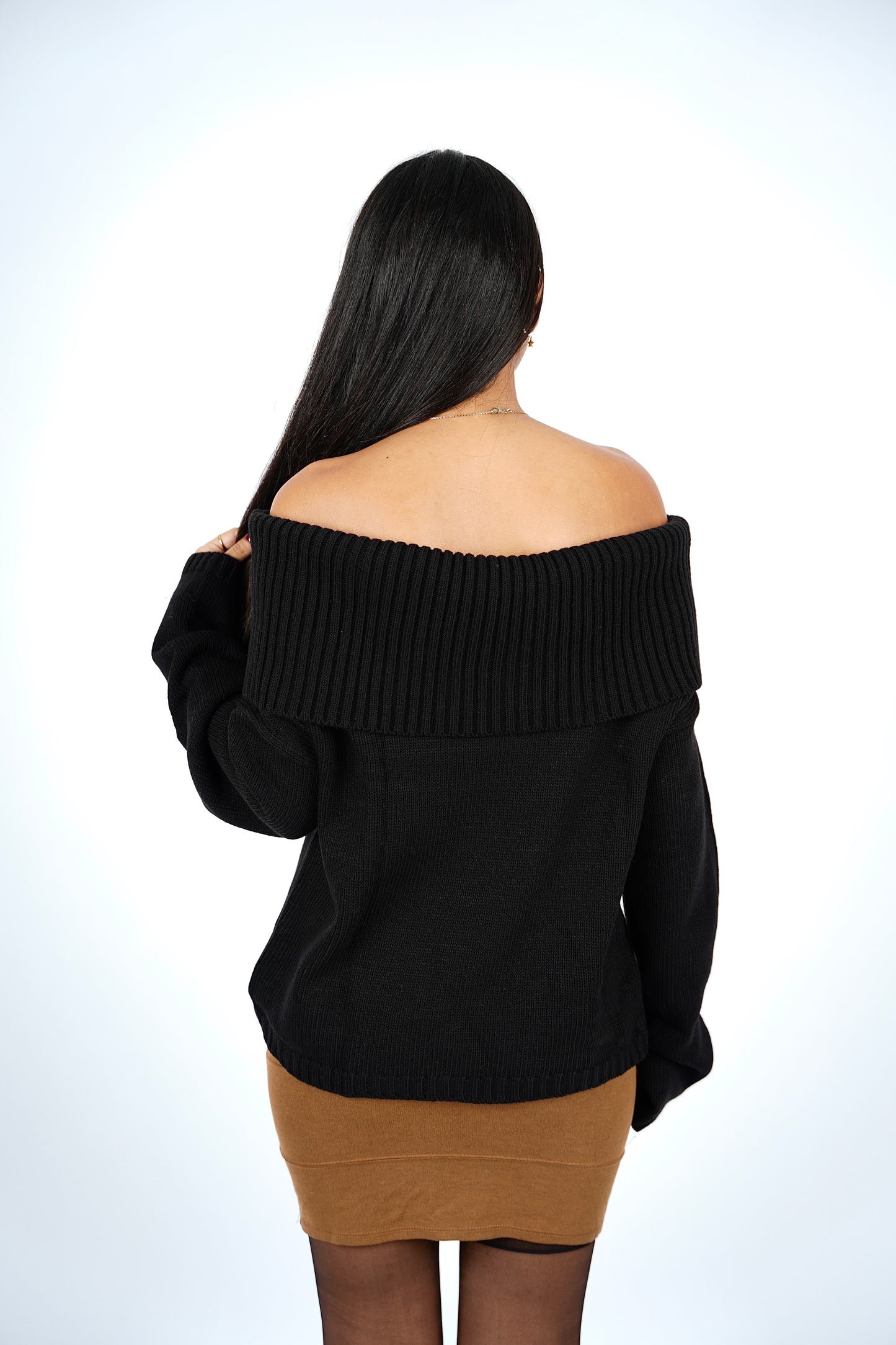 Black Off-Shoulder Knitted Pullover