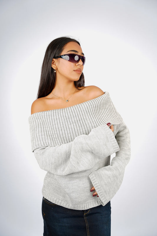 Grey Off-Shoulder Knitted Pullover