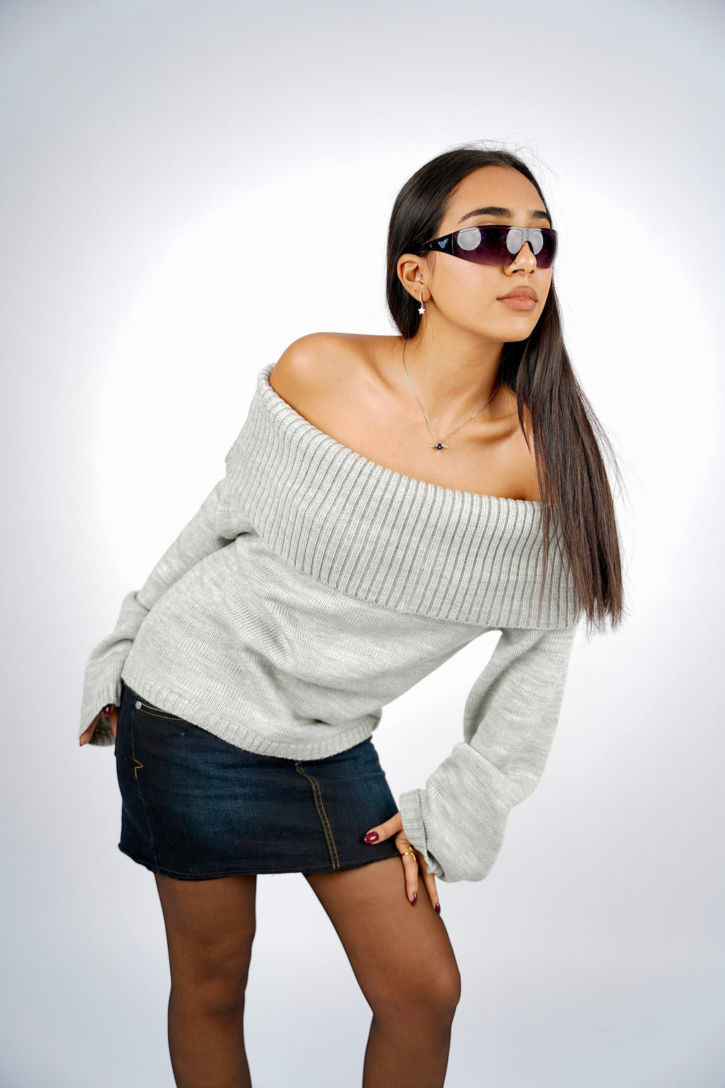 Grey Off-Shoulder Knitted Pullover