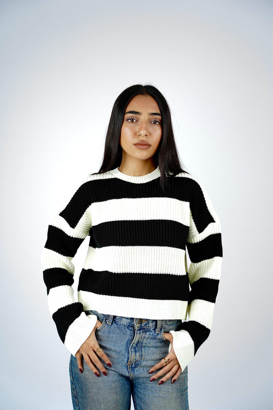 Timeless Stripe Knitted Pullover (Black & White)