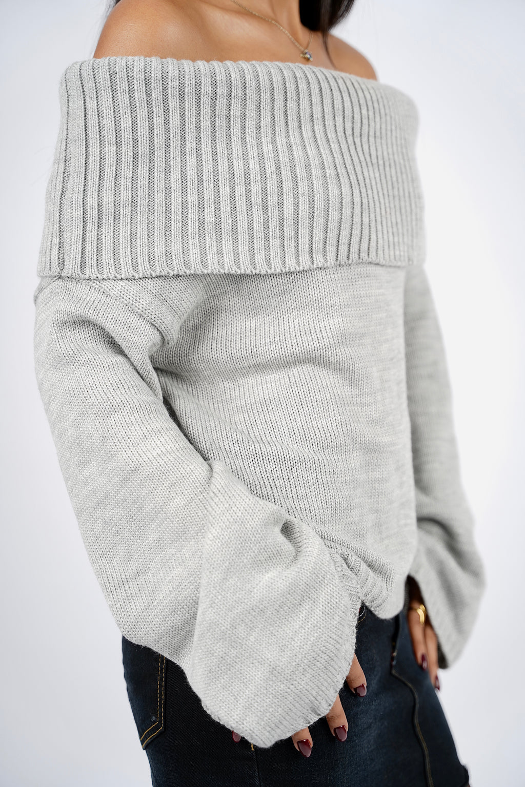 Grey Off-Shoulder Knitted Pullover