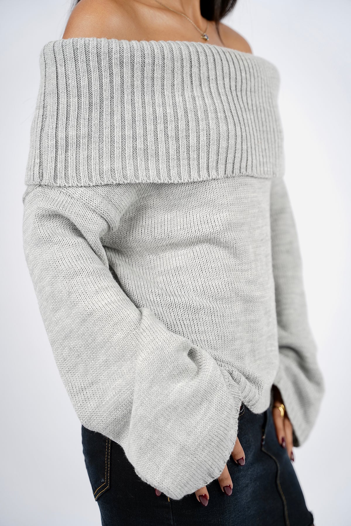 Grey Off-Shoulder Knitted Pullover