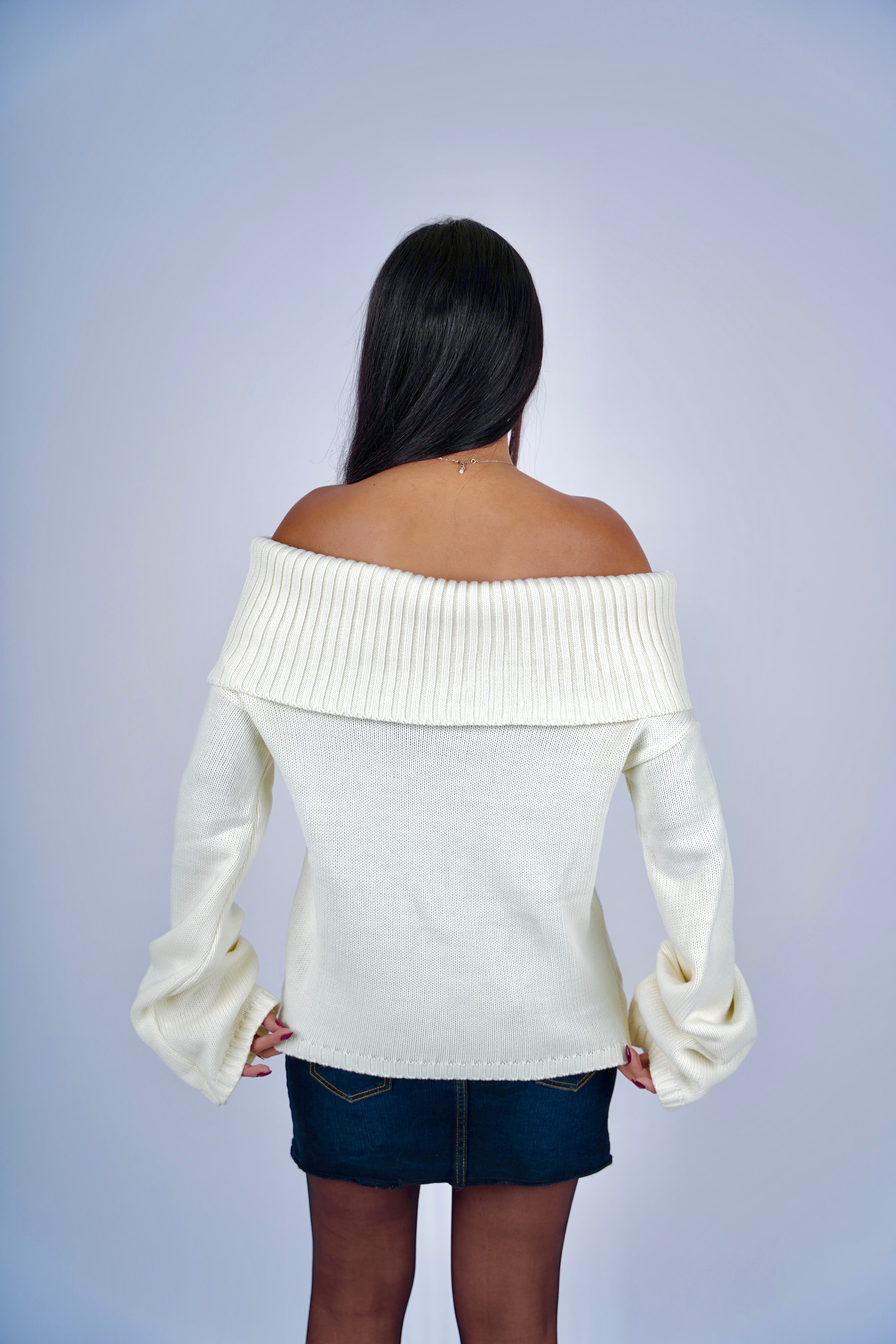 Cream Off-Shoulder Knitted Pullover